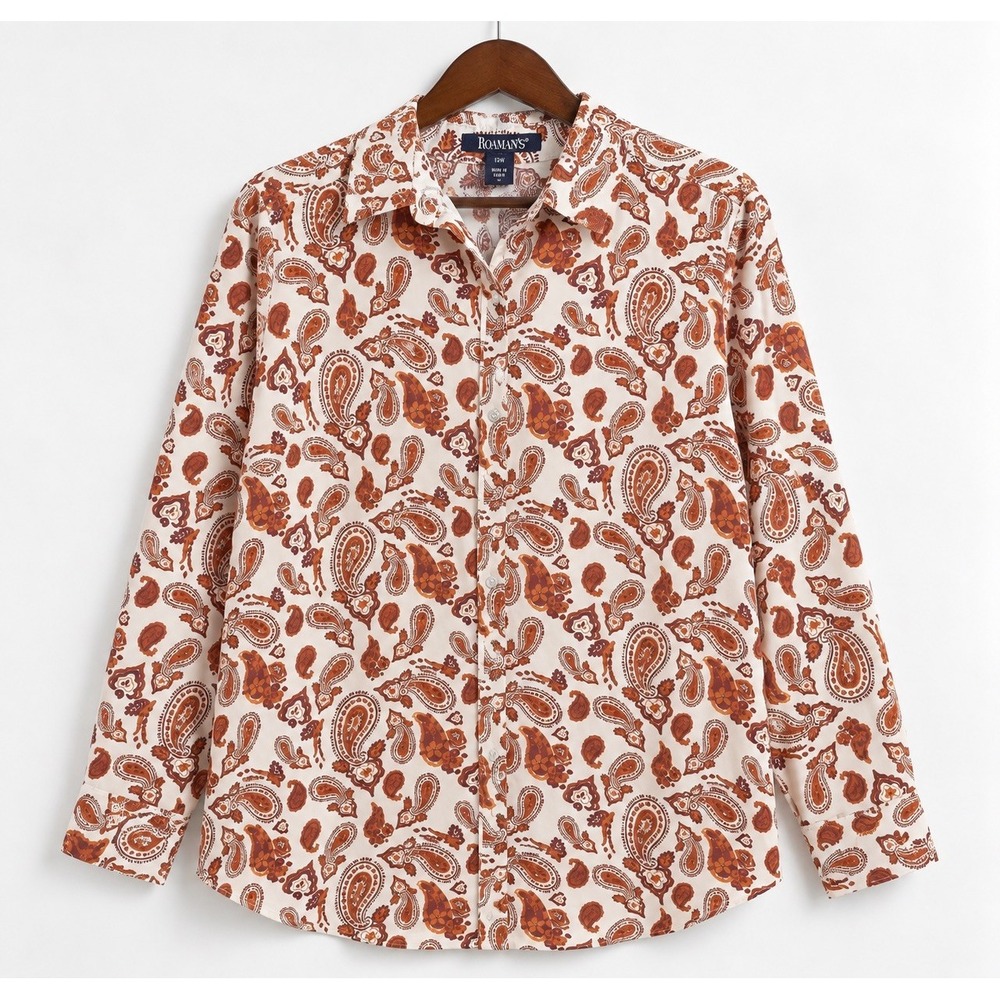 Roaman's Women's 18W White Brown Paisley Collared Long Sleeve Button Shirt Fall